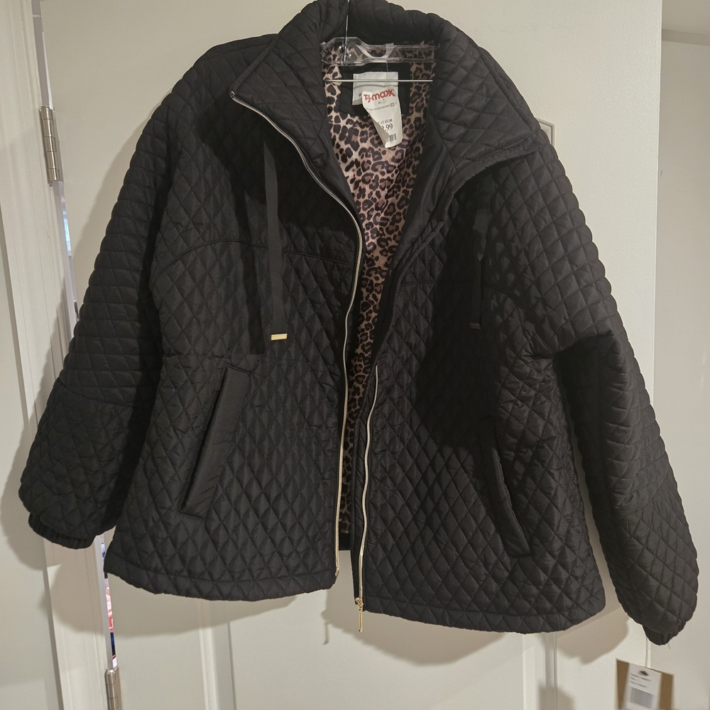 Weatherproof Women's Quilted Jacket – Black -‎ Size Large - Leopard Lining – NWT